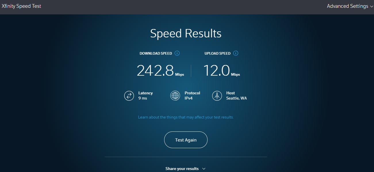 AXfinity Internet Speed Test on Desktop
